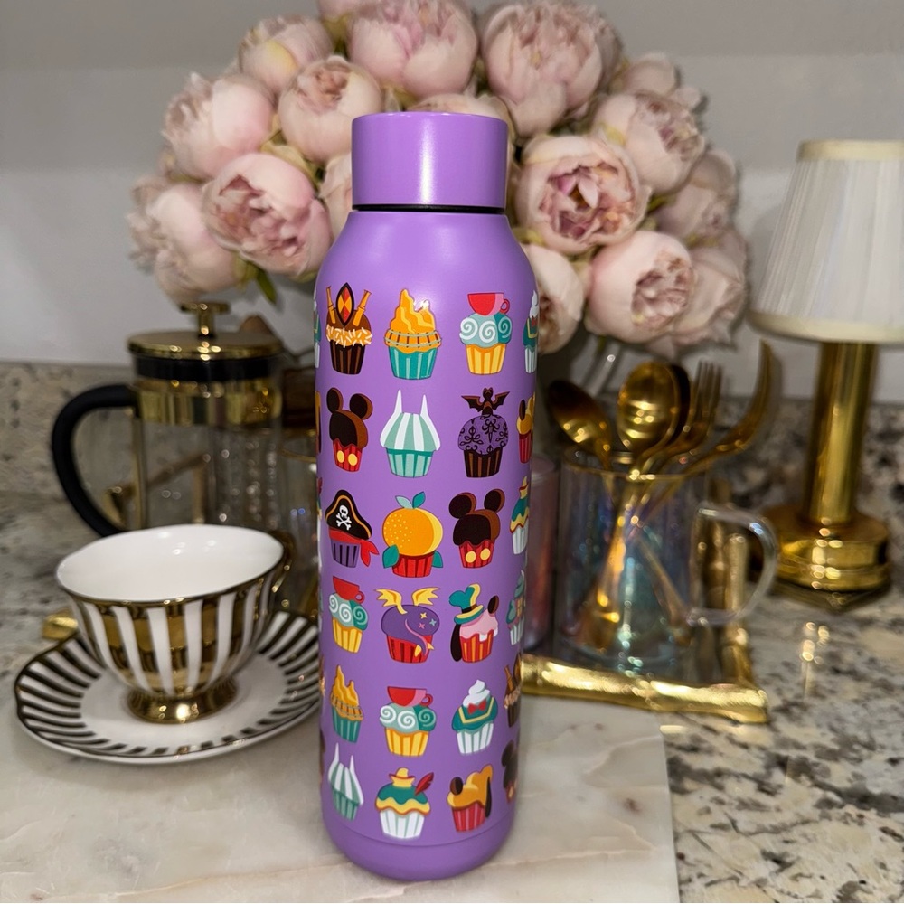Disney Purple Kids Water Bottle with Colorful Cupcake Design